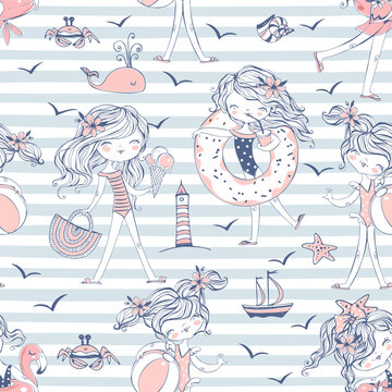 Seamless pattern with cute girls in swimsuits on the sea beach. Striped background. Vector.