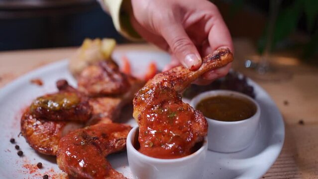 closeup of hand dipping roasted chicken tabaka in tomato sauce on white plate