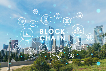 Chicago skyline from Butler Field towards financial district skyscrapers, day time, Chicago, Illinois, USA. Parks and gardens. Decentralized economy. Blockchain and cryptography concept, hologram