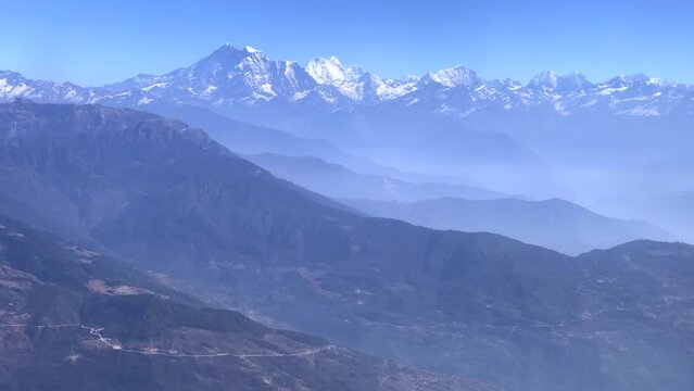 A beautiful view of the Himalaya Mountains from an airplane.