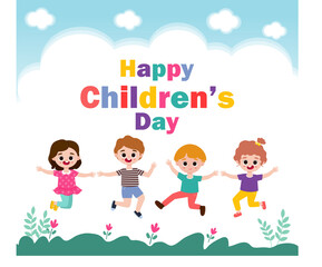 Happy children's day banner Template background, kids jumping and dancing and playing together, advertising brochure, your text, flat Funny cartoon isolated vector Illustration