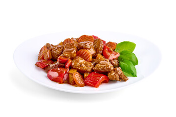 Hungarian goulash, pork stew, isolated on white background.