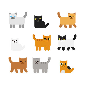 Vector illustration Of Different cartoon cats set. Simple modern geometric flat style isolated on white background