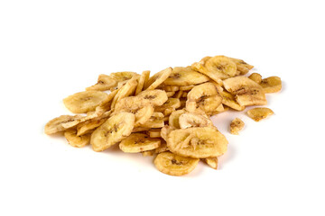 Dried banana slices, isolated on white background.
