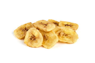 Dried banana slices, isolated on white background.