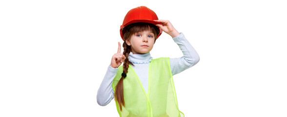 Preschool engineer girl in helmet pretending to be construction worker on white isolated background