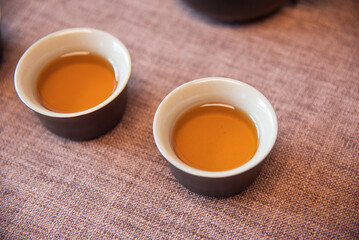 Cup and tea set with tea on table