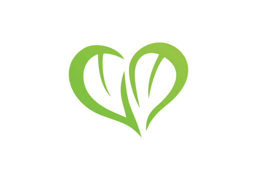 Green logo icon with heart shape and two leaves. Can be used for eco, vegan, herbal healthcare or nature