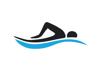 Blue swimming logo with abstract man silhouette.