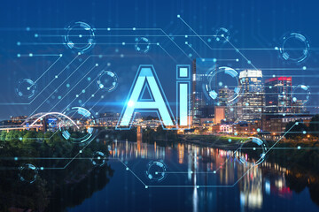Panoramic view of Broadway district of Nashville over River at illuminated night, Tennessee, USA. Hologram of Artificial Intelligence concept. AI, business, machine learning, neural network, robotics