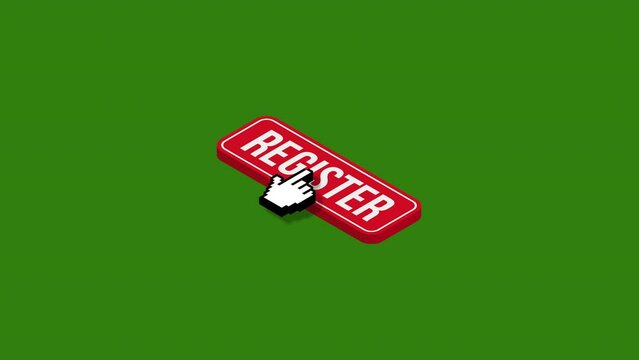 Click register isometric button animation.green background.4K motion animation.