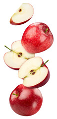 Flying fresh apple isolated on white background. Red apple collection with leaves. Clipping path apple. Apple macro studio photo