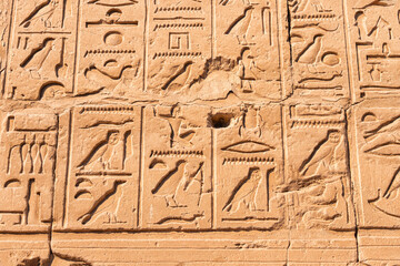 hieroglyphs carved in sandstone wall in Karnak temple in Luxor. Egyptian heritage and history concept