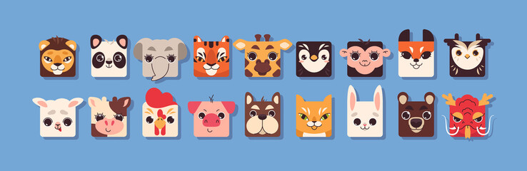 Cute square animal faces in flat style. Funny kids collection head shape of pet, safari and farm animals zoo elements for children. Baby colorful avatars icon set for mobile ui game application.
