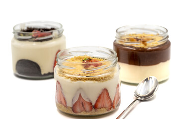 Various magnolia sweets isolated on white background. World cuisine delicacies. Magnolia dessert with banana, strawberry and biscuit. close up