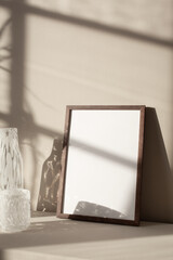 Dark Wood Frame Mockup Scene Vase Sunlight