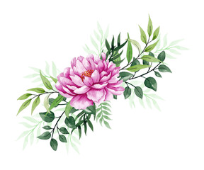 Composition, pink beautiful peony flower and leaves. Watercolor illustration. Postcard, invitation, congratulation.