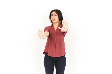 Showing Stop Rejection Hand Of Beautiful Asian Woman Isolated On White Background