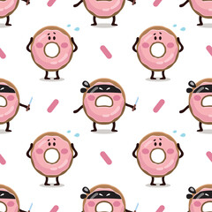 Donut robber with knife and scared donut seamless pattern. Pink Doughnut texture illustration. Funny kids flat digital textile pattern of pink glazed happy donut.