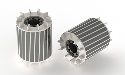 Squirrel cage rotor for electric motors, double presentation isolated on white background.