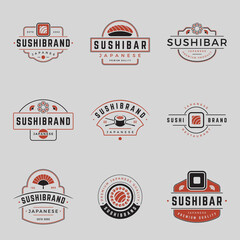 Collection sushi bar minimalist vintage logo line vector illustration. Set Japanese food cafe restaurant emblem insignia template with place for text isolated. Oriental roll seafood menu retro label