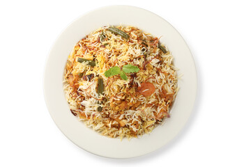 Vegetable Biryani a flavorful Indian rice dish with peas, carrots and potatoes with spicy spices. selective focus