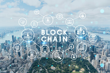 Aerial panoramic helicopter city view of Midtown Manhattan neighborhoods and Central Park, New York, USA. Decentralized economy. Blockchain, cryptography and cryptocurrency concept, hologram