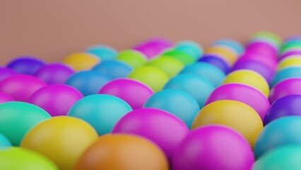 Multicolored Easter eggs on a pink background, focus on the middle of the frame