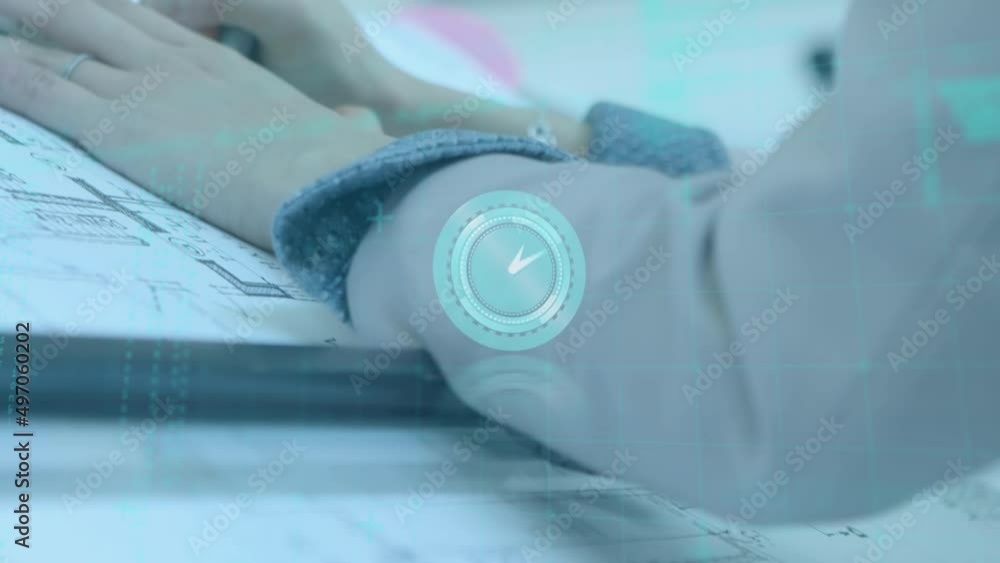 Poster animation of data processing and clock over caucasian businesswoman with schema