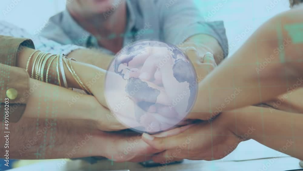 Poster animation of data processing and globe over diverse business people teaming up