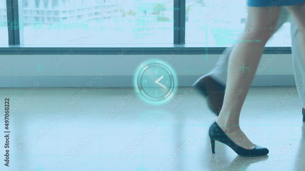 Aufkleber animation of data processing and clock over caucasian business people walking in office