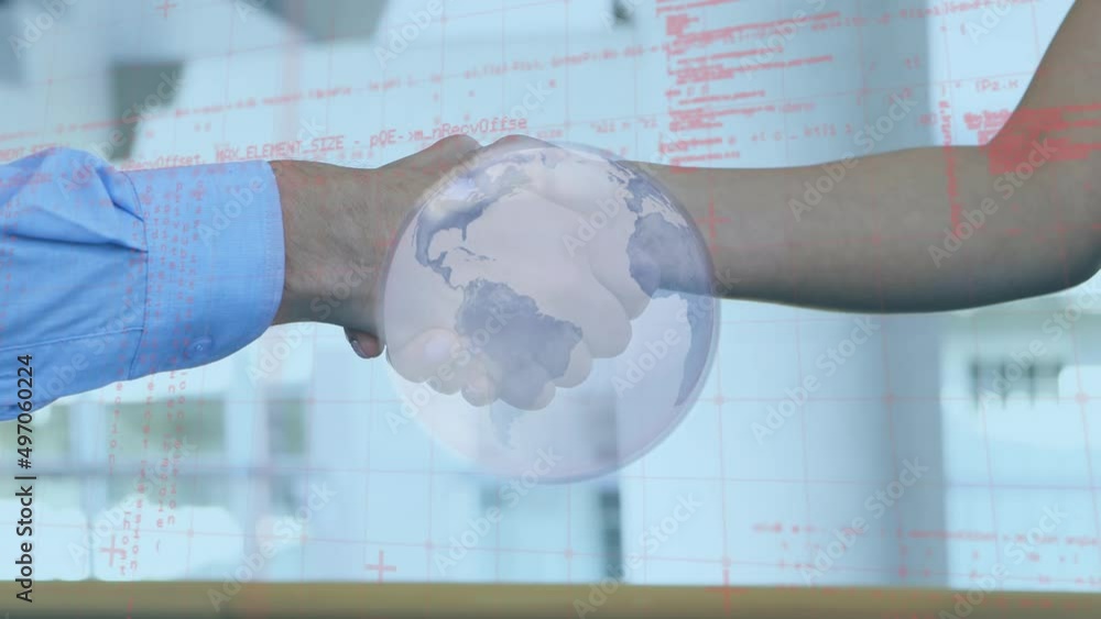 Poster animation of data processing and globe over diverse business people holding hands