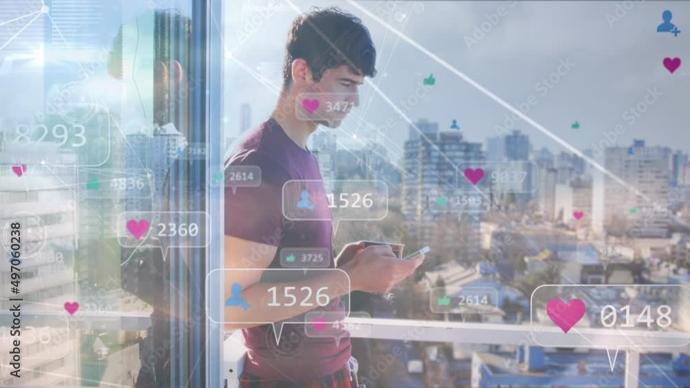Poster animation of network of connections with media icons over caucasian man using smatrphone
