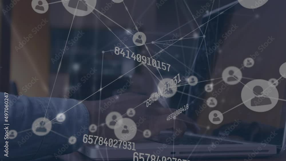 Aufkleber animation of network of connections with media icons over hands using laptop