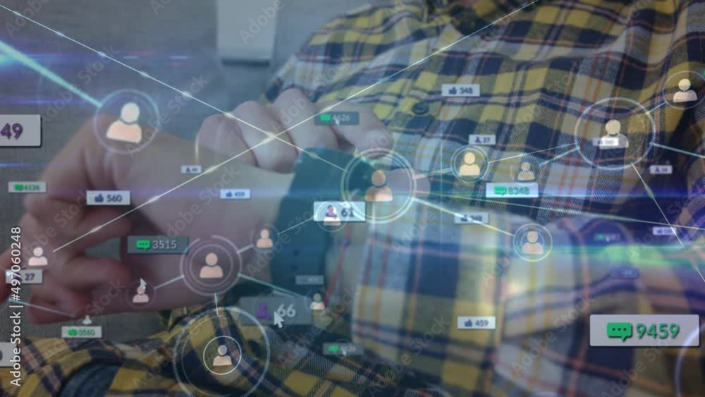 Poster animation of network of connections with media icons over caucasian man using smartwatch