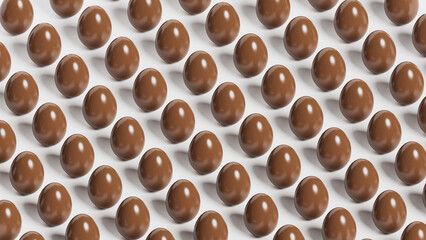 Chocolate eggs on a white background, eggs lined up in rows, wallpaper