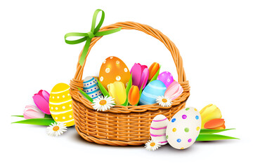 Colorful decorated easter basket with painted easter eggs and tulip flowers - 497060447