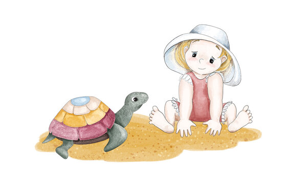 A cute little cartoon girl in a hat and a pink bathing suit sits on the sand and looks at the sea turtle next to her with a smile. Digital illustration in the style of colored pencils and watercolor