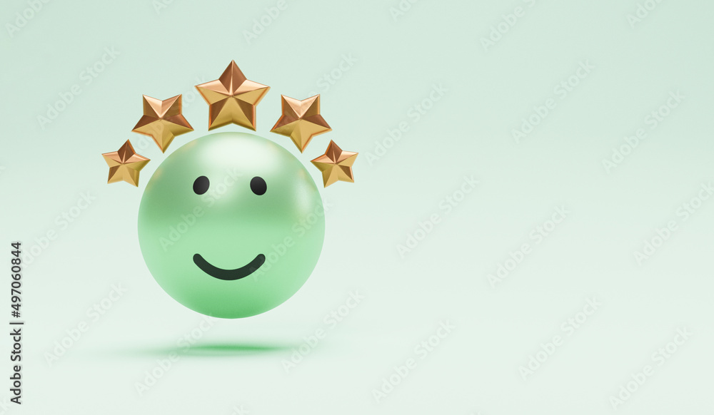 Poster Realistic smile face with five golden stars for customer or client evaluate after use product and service by use telephone application. 3d render technique.