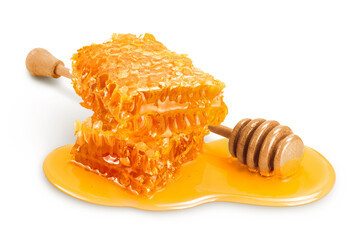 Honeycombs and honey puddle isolated on white background with clipping path and full depth of field