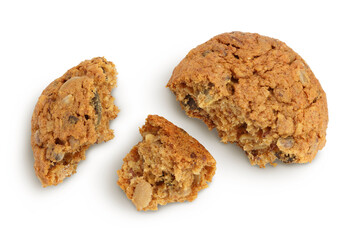oatmeal cookies with flax, pumpkin and sunflower seeds isolated on white background with clipping path and full depth of field. Top view. Flat lay