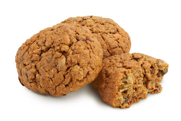oatmeal cookies with flax, pumpkin and sunflower seeds isolated on white background with clipping path and full depth of field