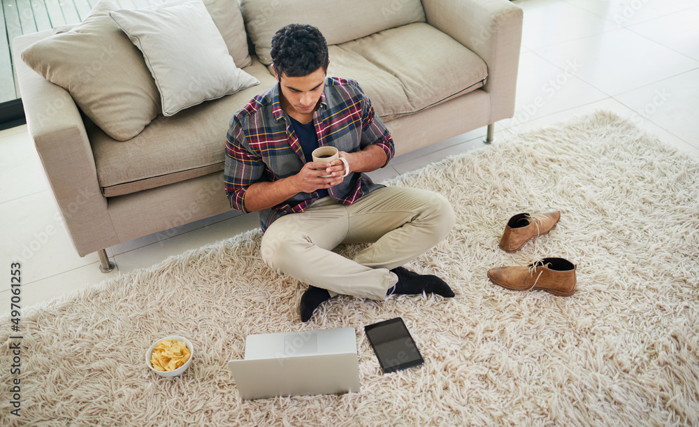 Poster all the comforts of home. shot of a handsome young man using his laptop while relaxing on the floor 