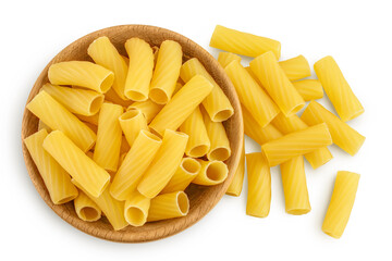 raw italian Rigatoni pasta in wooden bowl isolated on white background with clipping path and full depth of field. Top view. Flat lay