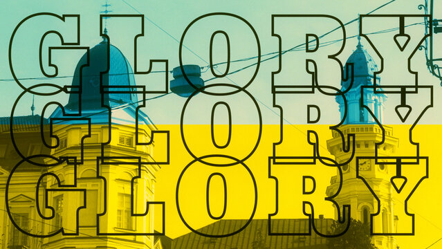 Glory to Ukraine Big Text in flag Colors with Ukrainian city Abstract Background