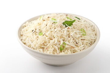 Coconut Rice is a popular South Indian food, served in a ceramic bowl. selective focus