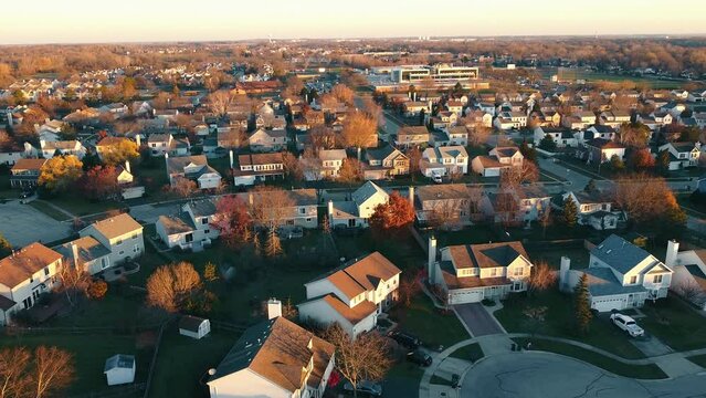 Aerial fly Establishing shot of America's suburb, street. Aerial drone view of American suburban neighborhood