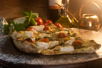 pizza on a wooden board