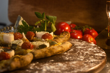 pizza on a wooden board