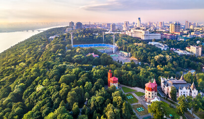 Khreshchatyi Park with Dynamo Stadium, Water Museum, Puppets Theater and Government Building in Kiev, Ukraine before the war with Russia